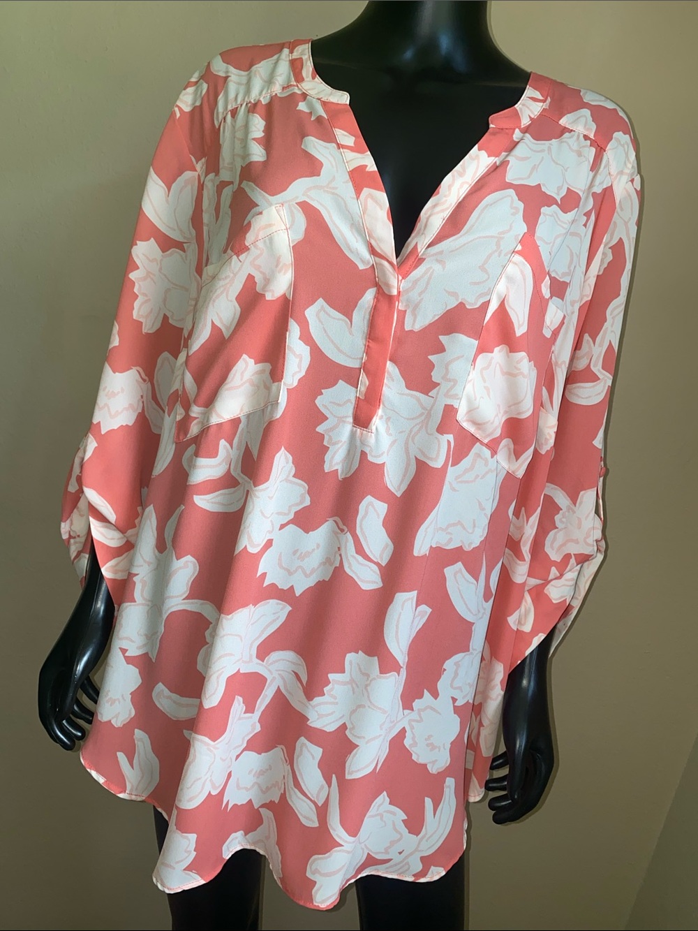 torrid Coral and White Floral V-Neck Tunic